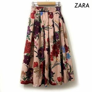 【送料無料】ZARA ザラ★花柄 ギャザースカート ひざ下丈 ピンク