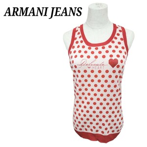 アルマーニジーンズ ARMANI JEANS 美品 クルーネックノースリーブTシャツ トップス ドット柄 ハート 赤 レッド M レディース
