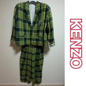 正規店購入 本物 美品 KENZO ケンゾー セットアップ スーツ グリーン チェック S シングル ジャケット パンツ ワッペン オーバーサイズ 44