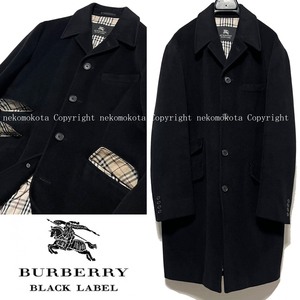 バーバリーブラックレーベル 裏地チェック アンゴラ100％ チェースター コート ステンカラー コート L 黒 ブラック BURBERRY BLACK LABEL