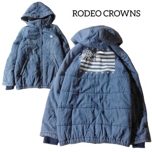 【RODEO CROWNS】 ロデオクラウンズ 中綿 ブルゾン コート アウター S 青 ブルー デニム 2way フード 刺繍 アメカジ RCS レディース