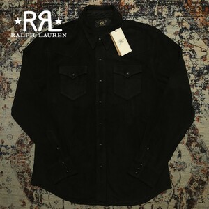 【新品】 RRL Leather Black Western Shirt 【L】 ブラック レザー ウエスタン シャツ シルバーコンチョ メダリオン 漆黒 Ralph Lauren