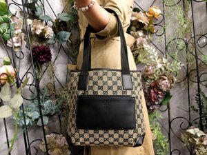 ●超美品●GUCCI グッチ●GGキャンバス カーフ レザー 本革●トート バッグ●ベージュ 黒●シルバー金具●イタリア製●肩掛け●Js53054