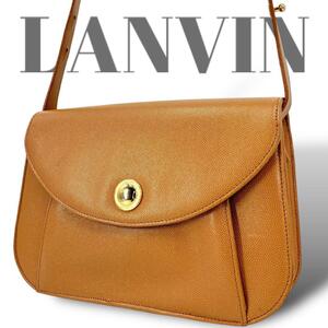 美品　LANVIN ショルダーバッグ　斜め掛け　レザー　ゴールドロゴ　ブラウン 