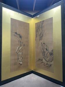 奈良出 旧家蔵出 屏風 水墨画 日本画家 二面 骨董 JAPAN 古い アンティーク 直接引き取り限定