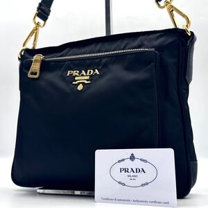 3230【美品】PRADA プラダ ショルダーバッグ 斜め掛け 2way メタルロゴ ゴールド金具 テスートナイロン サフィアーノレザー 本革 ブラック