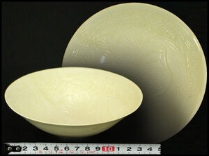 【銀閣】中国美術 白磁 草花鳥紋 碗 φ14.2cm 旧家蔵出 送料無料(HA446)