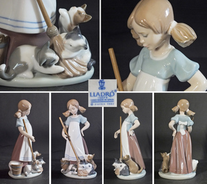 希少リヤドロ　LLADRO【いたずらな仔猫】21㎝　2003年廃盤　箒にじゃれる猫　お掃除の邪魔　少女　スペイン製フィギュリン　本物保障　希少