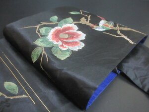 1円 中古 正絹 名古屋帯 和装 和服 アンティーク 綸子生地 ペイント 花喰い鳥 お太鼓柄 九寸帯 長さ366cm【夢職】★★★