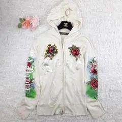 美品◎Ed Hardy エドハーディー ジップアップニット セーター 白 花柄