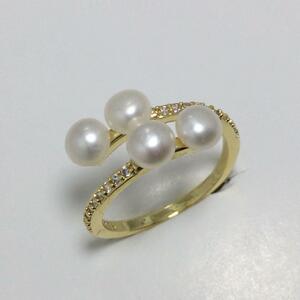 真珠本物淡水パール・リング指輪4珠連・ダイヤ入り高級感抜群・人気柄ホワイト系・フリーサイズ【期間限定セール】
