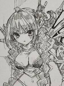 手描きイラスト オリジナル 女の子 モノクロ 機械少女戦闘タイプ