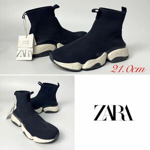 新品 ZARA ソックライナーシューズ 21.0cm 32 BLACK/WHITE キッズ ザラ スニーカー シューズ 紐なし やや厚底 ユニセックス