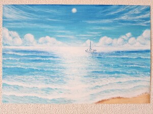 風景画　海の絵　パステル　癒し　自然　絵画　夏　ヒーリングアート　オイルパステル　帆船