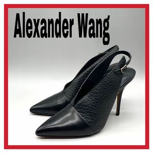 レディース Alexander Wang (アレキサンダーワン) ポインテッドトゥ バックストラップサンダル ミュール レザー ブラック 36 23cm シューズ
