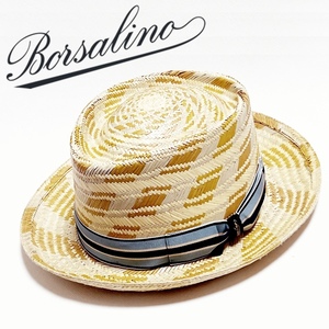 《Borsalino ボルサリーノ》新品 イタリア製 爽やかリボン 春夏モデル 天然草 パナマハット 麦わら帽子 ミディアムブリム 57(M)S0286