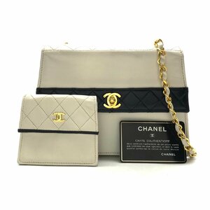 CHANEL シャネル 台形 バイカラー チェーン ショルダー バッグ ポーチ付 ホワイト 良品 m10109