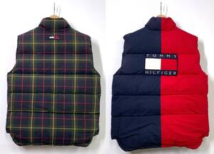 【90s】TOMMY HILFIGER トミーヒルフィガー リバーシブル ダウンベスト M グリーン レッド ネイビー ロゴ 刺繍 チェック バイカラー HC1066