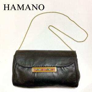 傳濱野 HAMANO ハマノ ヴィンテージ レザー チェーン ショルダーバッグ 花柄 ゴールド フラップ ポシェット 黒 ブラック クラッチ ポーチ