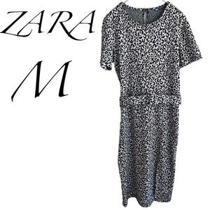 美品　ZARA ザラ ダルメシアン柄 半袖ワンピース　 Mサイズ　ベルト付き スリット