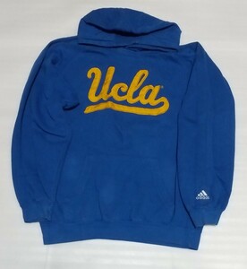 ☆adidas.com サイズM フーディー パーカー フード部2重生地スウェットUcla青ブルー黄色イエロー刺繍PERFORMANCEラグラン洗濯済 アディダス