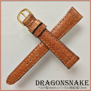 SALE！１点物 １６mm 本革 ドラゴンスネイク ヘビ革 DRAGON SNAKE 時計ベルト ブラウン GOLD BUCKLE 送料無料 バネ棒２本 BROWN 金箔刻印