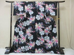 1円 良品 化繊 着物 小紋 洗える 和装 和服 XLサイズ 黒 花柄 草花 四季花 高級 袷 身丈170cm 裄67cm【夢職】★★★