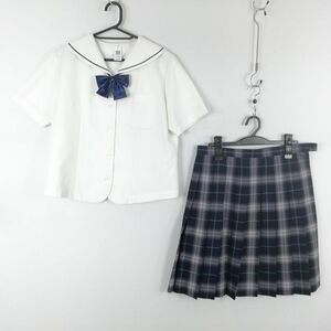 1円 セーラー服 チェックスカート リボン 上下3点セット LL 大きいサイズ 夏物 青1本線 女子 学生服 中学 高校 白 中古 ランクC EY0438