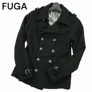 FUGA フーガ 秋冬 刻印ボタン★ メルトン ウール ダブル Pコート Sz.46　メンズ 黒　A3T11113_9#N