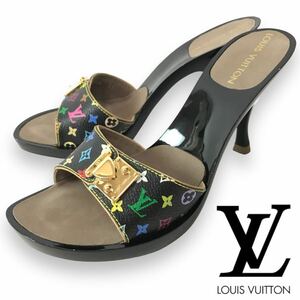 n67 良品 LOUIS VUITTON ルイヴィトン モノグラム マルチカラー ミュール レザー サンダル ブラック 35 フランス製 正規品 レディース