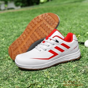 新品セール◆ゴルフシューズ Golf shoes メンズ スニーカー 運動靴スポーツシューズ 紳士 グラデーション幅広 防滑 撥水 耐磨 白/赤 24.0cm