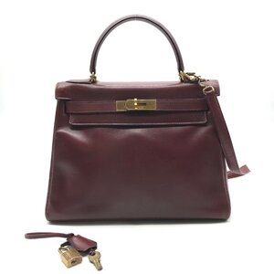 1円 HERMES エルメス ケリー28 ボックスカーフ 2WAY ハンド ショルダー バッグ ボルドー a5217