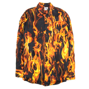 美品 VETEMENTS ヴェトモン FIRE JERSEY SHIRT ファイヤーパターン シャツ トップス メンズ シルク混 ブラック オレンジ系 XS 22SS