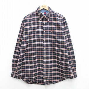 XL/古着 トミーヒルフィガー 長袖 ブランド シャツ メンズ 90s ワンポイントロゴ ロング丈 コットン ボタンダウン 紺他 ネイビー チェ