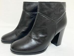 希少 ほぼ未使用 シャネル CHANEL ココ マーク CCロゴ ステッチ レザー ショート ブーツ ハイ ヒール ブーティ 36 22.5cm～23cm前後 靴 黒