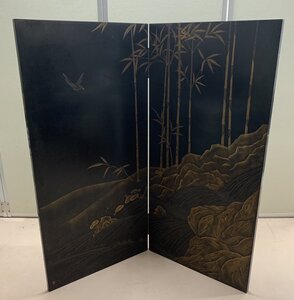 蒔絵師 浜高悦郎 二枚 衝立 竹林 蒔絵衝立 高さ約135cm 二枚折屏風 茶道具 骨董