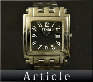 193247◆動作確認済 訳あり FENDI フェンディ メンズウォッチ 腕時計 クォーツ デイト 2針 スクエア SS ブラック シルバー メンズ/ D