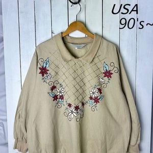 sh●805 USA古着 90s～ シャツカットソー 2XL XXL ベージュ オールド ヴィンテージ アメリカ古着 長袖 ユニセックス 大きめ