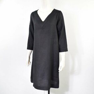 5000-NN00383★fog linen work フォグリネンワーク★美品 シンプルで大人なVネックリネンワンピース 黒ブラック 七分袖