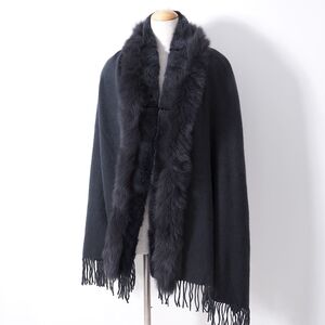 4-TKF760【美品】tiedeur フォックスファー×ミンクファートリム FOX MINK ピュアカシミア 大判 ショール ダークグレー フリー レディース