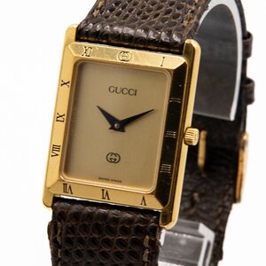 1円 稼働 GUCCI グッチ 4200M QZ クオーツ ゴールド 金文字盤 GP/革 腕時計メンズ スクエア ブランド 1019920241126