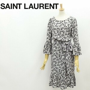 ヴィンテージ◆SAINT LAURENT rive gauche サン ローラン リボン×ドット柄 バックボタン リボンベルト付 フレアスリーブ ワンピース 36