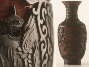 【琴》送料無料 中国美術 堆黒 楼閣山水彫 花瓶 高25.5cm TS816