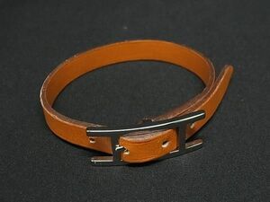 1円 HERMES エルメス アピ3 レザー シルバー金具 ブレスレット アクセサリー レディース オレンジ系 FD6400