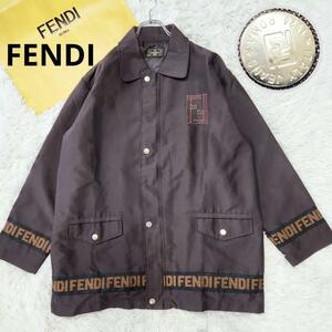 1円【美品・ロゴライン】フェンディ ブルゾン メンズ L相当 茶色 FF 銀ボタン FENDI ジャケット ジャンパー 袖ライン イタリア製 ロゴ刻印