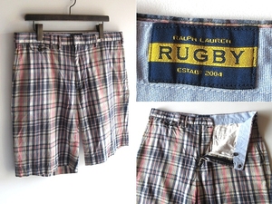 廃盤 希少 RALPH LAUREN RUGBY ラルフローレン ラグビー IDEALジップ サイドアジャスター付 マドラスチェック ショートパンツ ショーツ W36