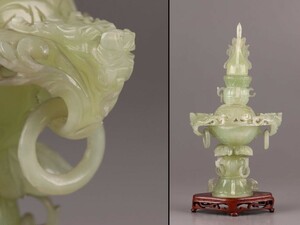 中国古玩 唐物 緑砡石 翡翠 遊環 置物 香炉 時代物 極上品 初だし品 C8911