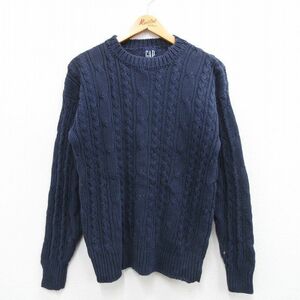 M/古着 ギャップ GAP 長袖 ケーブル セーター メンズ 90s クルーネック 紺 ネイビー 23dec16 中古 ニット トップス