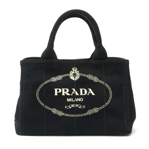 PRADA プラダ カナパ 2WAY ハンド ショルダーバッグ キャンバス×レザー ブラック×ホワイト×ゴールド トライアングルロゴ レディース