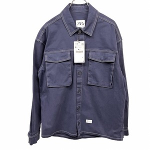 ザラ 【新品/訳アリ】ZARA シャツジャケット ボタン留め 両胸フラップポケット 長袖 綿×ポリウレタン S ブルー 青 レディース(メンズ？)